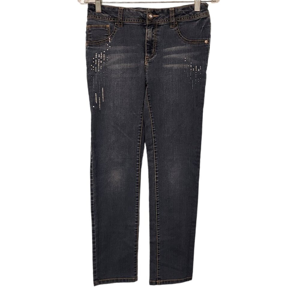 Womens Cherokee Skinny Fit Jeans Size 14 Dark Wash Mid Rise Rhinestones